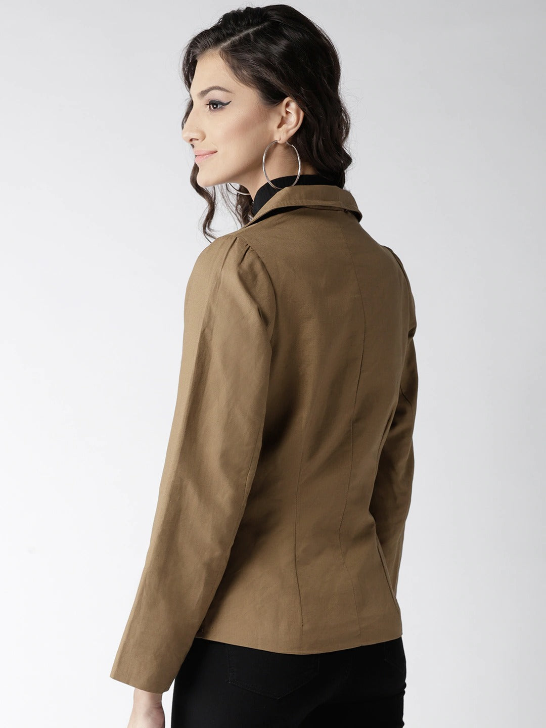 Popnetic Women Olive Brown Solid Casual Blazer