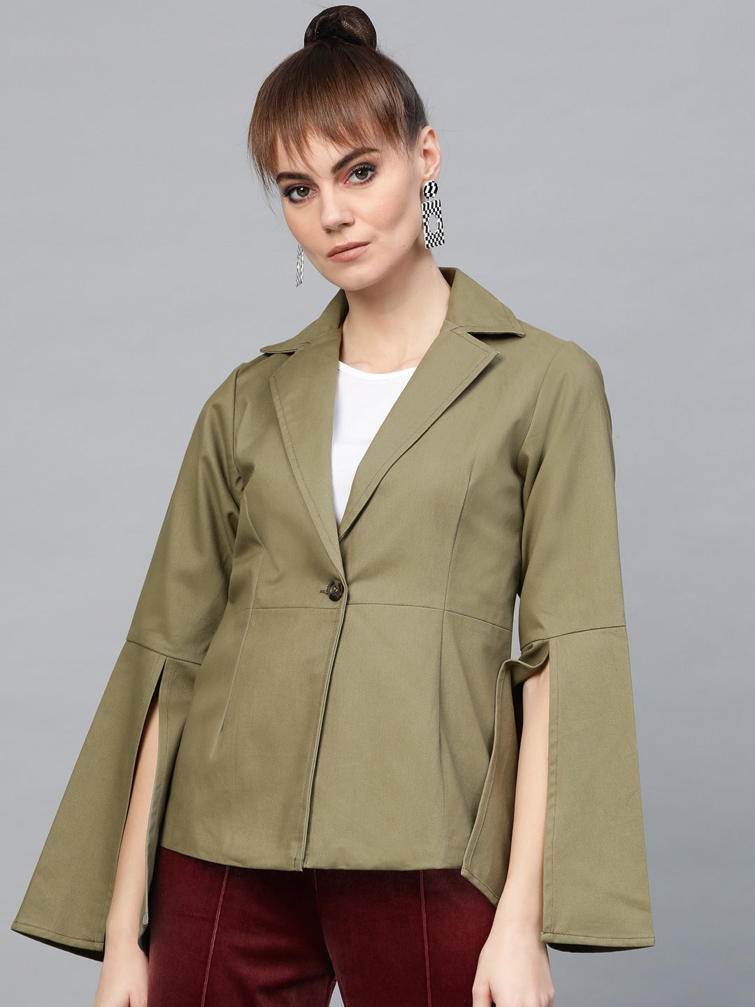 Popnetic Women Olive Green Solid Casual Pure Cotton Blazer