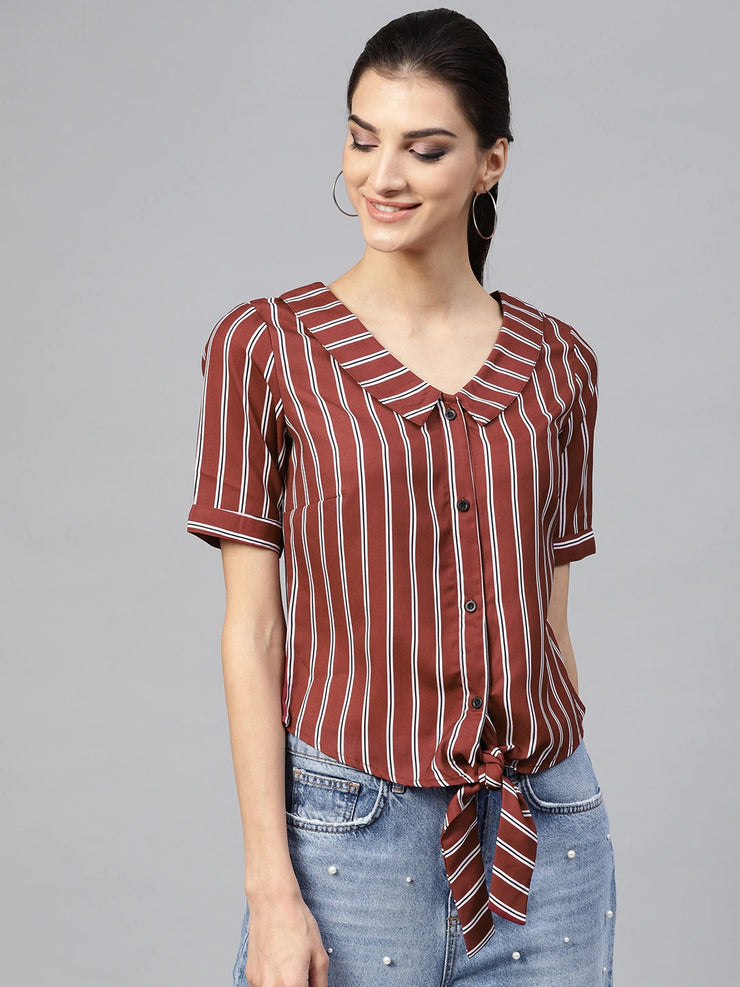 Popnetic Women Maroon Striped Shirt Style Top