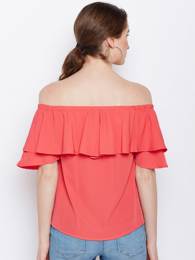 Popnetic Women Coral Red Solid Bardot Top