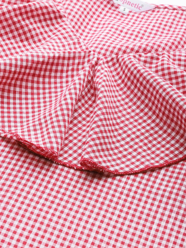 Popnetic Women Red & White Checked Pure Cotton Top with Ruffled Detail