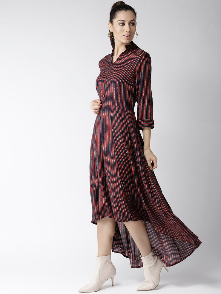 Popnetic Women Maroon Striped Maxi Dress