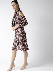 Popnetic Women Beige & Black Printed Cold-Shoulder A-Line Dress