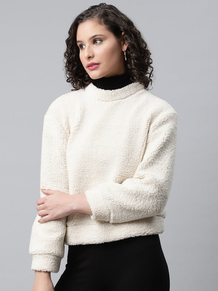 White Round Neck Fur Sweatshirt