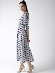 Popnetic Women White & Blue Printed A-Line Dress