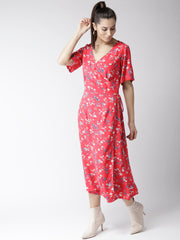 Popnetic Women Pink & Blue Floral Print Wrap Dress