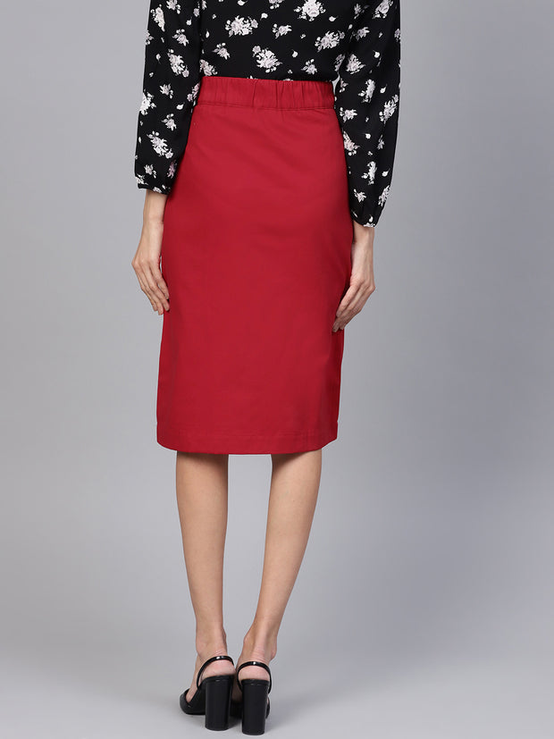 Popnetic Women Red Solid A-Line Pure Cotton Skirt