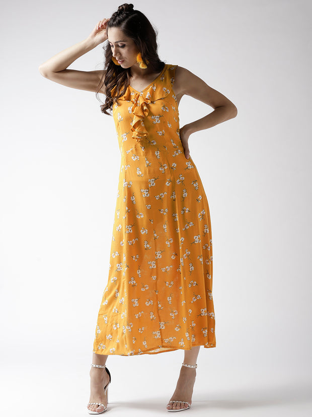 Popnetic Women Mustard Yellow Printed Maxi Dress