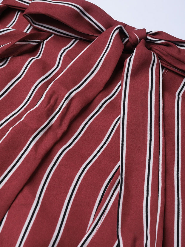 Popnetic Women Maroon & White Loose Fit Layered Striped Culottes