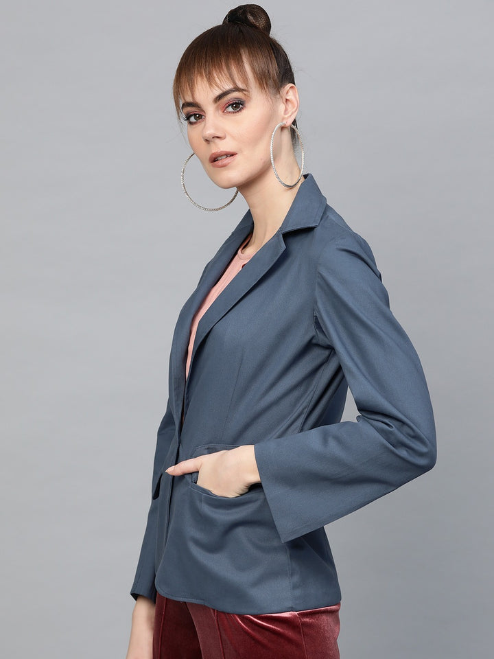 Popnetic Women Blue Solid Casual Pure Cotton Blazer