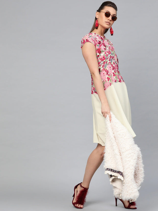 Popnetic Women Pink & Cream-Coloured Floral Printed A-Line Dress