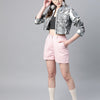 Popnetic Women Grey & White Camouflage Print Pure Cotton Crop Jacket