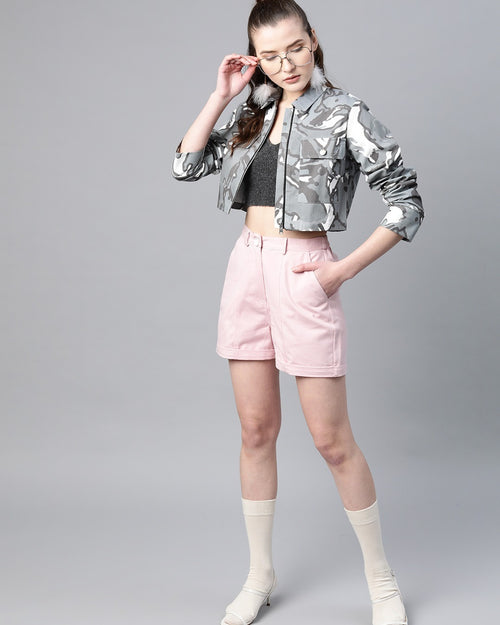 Popnetic Women Grey & White Camouflage Print Pure Cotton Crop Jacket
