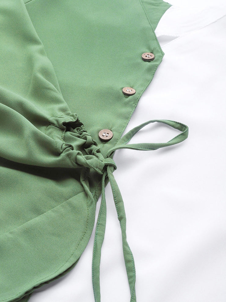 Popnetic Women White & Green Colourblocked Shirt Style Top