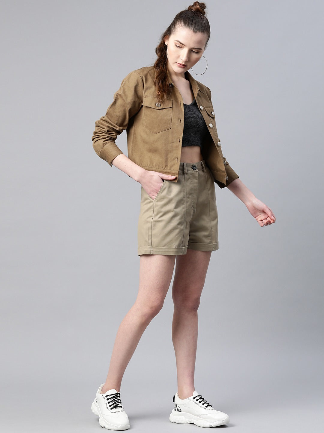 Popnetic Women Khaki Solid Pure Cotton Shacket