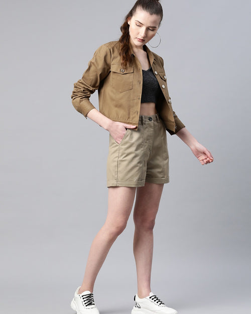 Popnetic Women Khaki Solid Pure Cotton Shacket