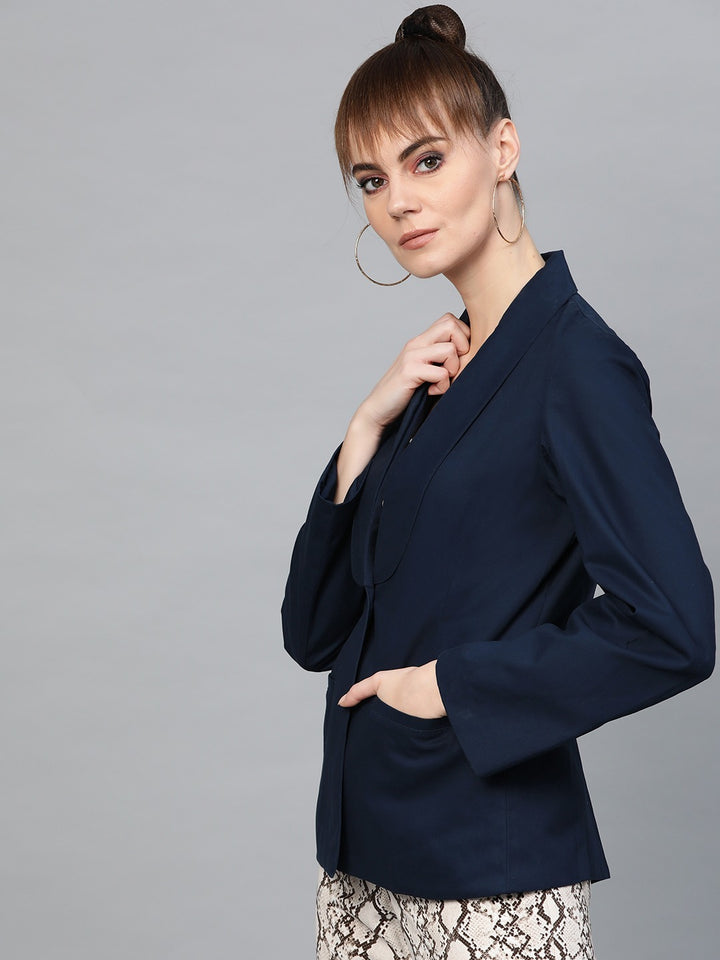 Popnetic Women Navy Blue Solid Casual Pure Cotton Blazer