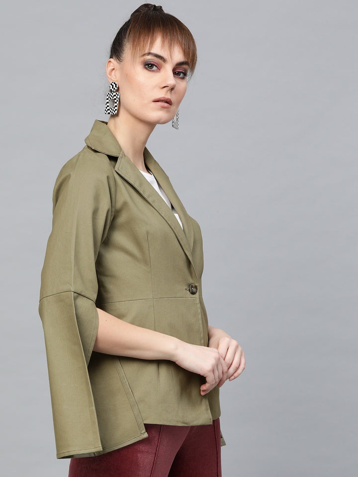 Popnetic Women Olive Green Solid Casual Pure Cotton Blazer