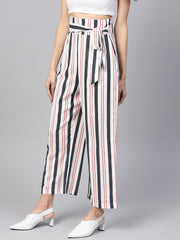 Popnetic Women White & Black Loose Fit Striped Regular Trousers