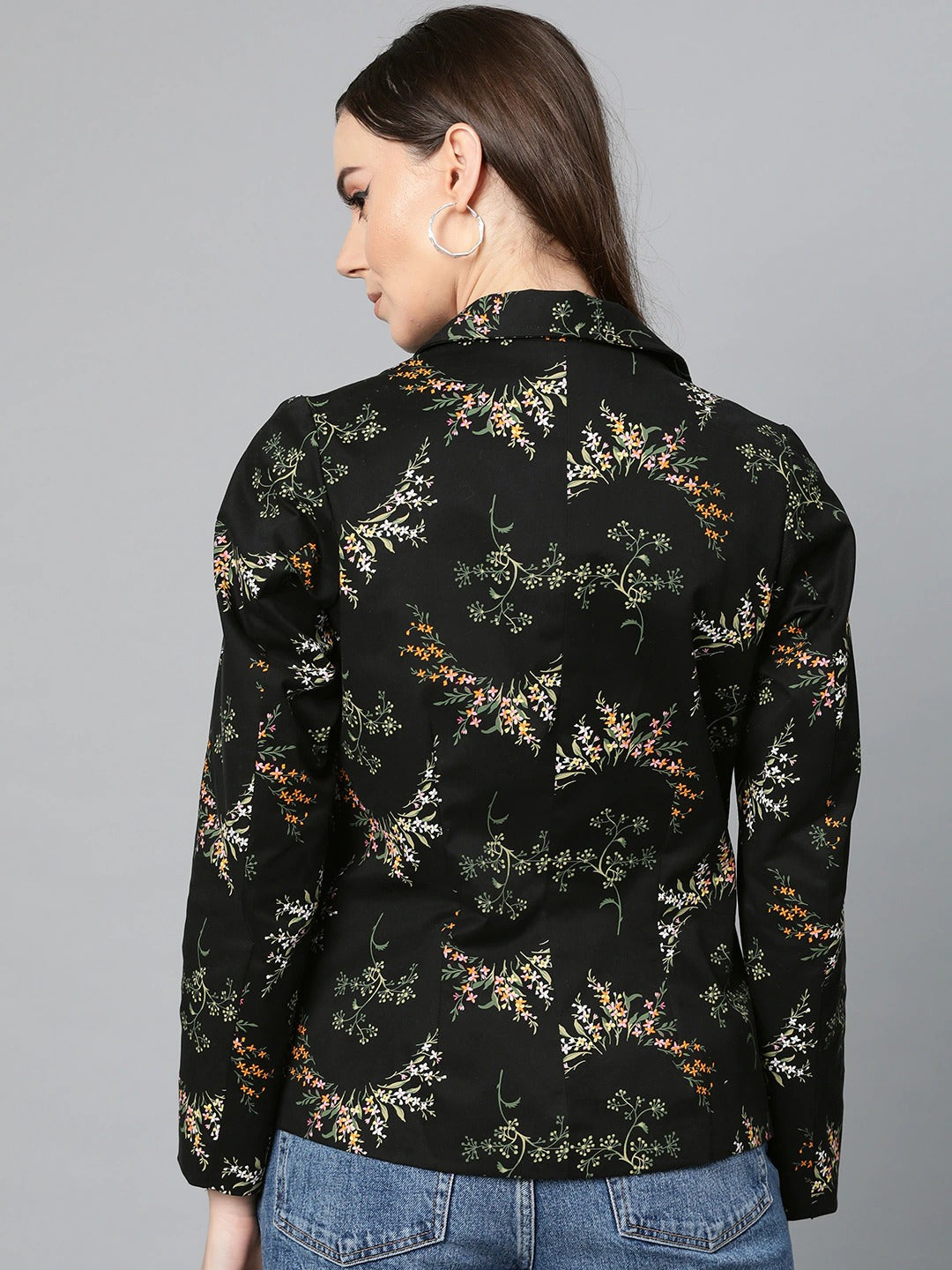 Popnetic Women Black & Green Printed Single Breasted Casual Pure Cotton Blazer