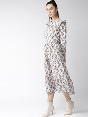Popnetic Women White & Brown Printed A-Line Dress