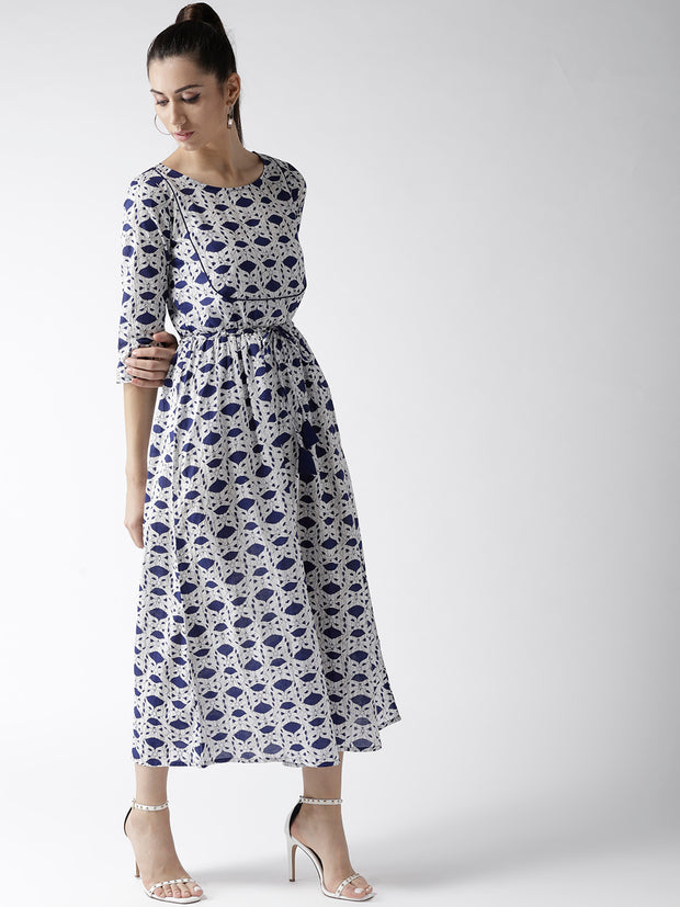 Popnetic Women White & Blue Printed A-Line Dress