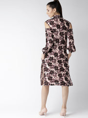 Popnetic Women Beige & Black Printed Cold-Shoulder A-Line Dress