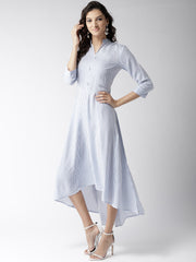 Popnetic Women White & Blue Striped Maxi Dress