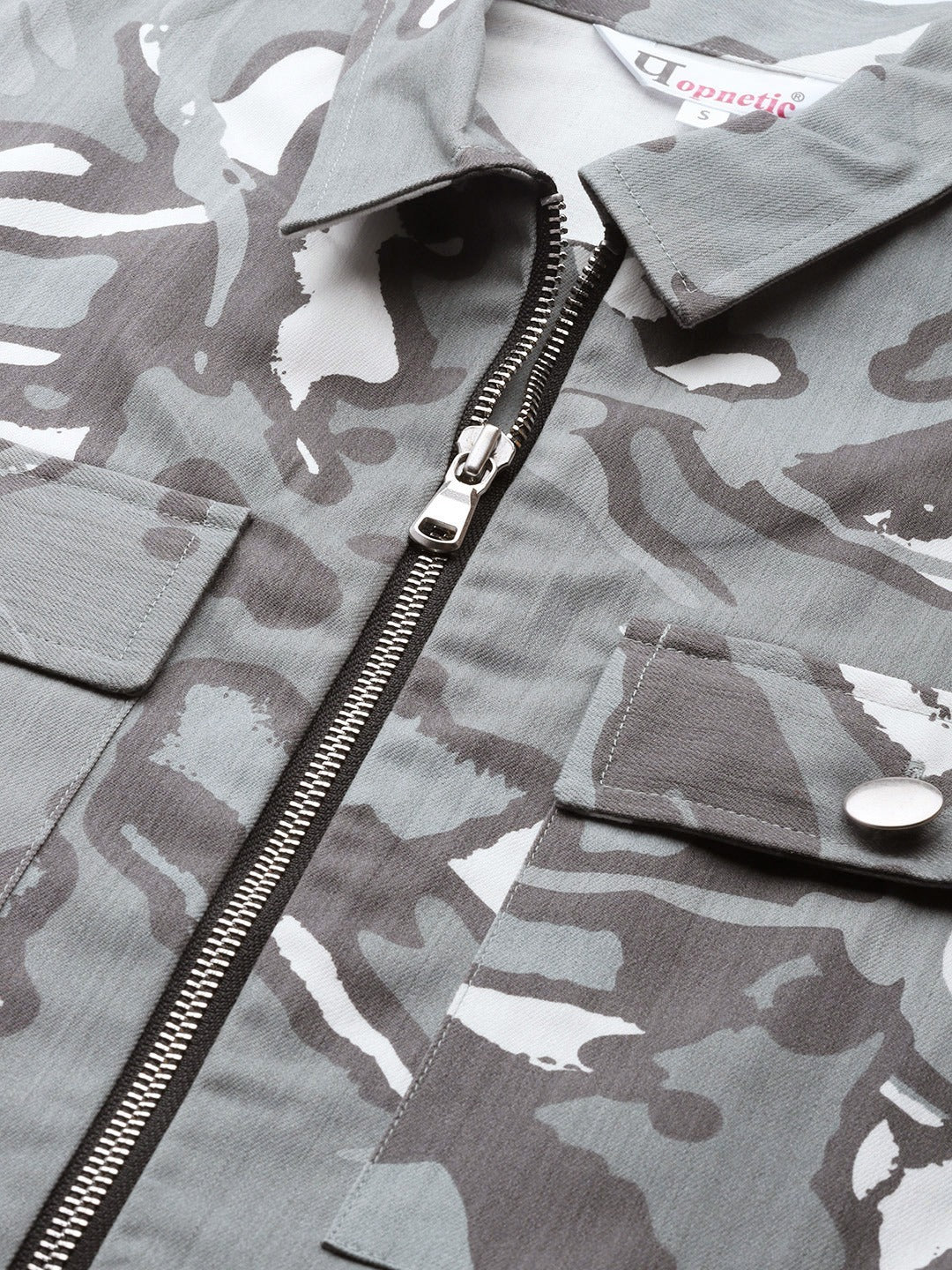 Popnetic Women Grey & White Camouflage Print Pure Cotton Crop Jacket
