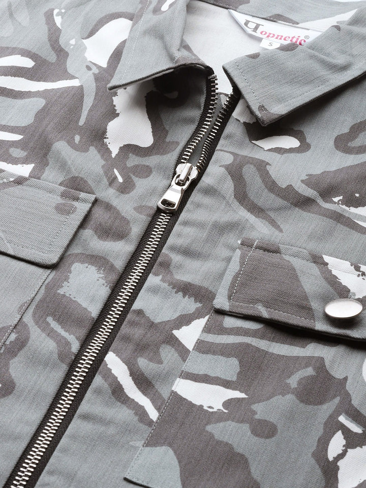 Popnetic Women Grey & White Camouflage Print Pure Cotton Crop Jacket