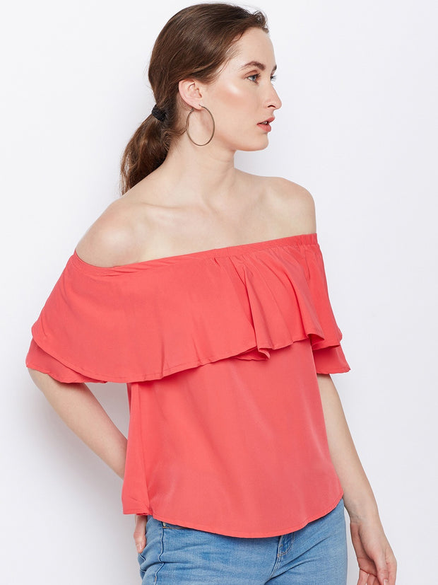 Popnetic Women Coral Red Solid Bardot Top