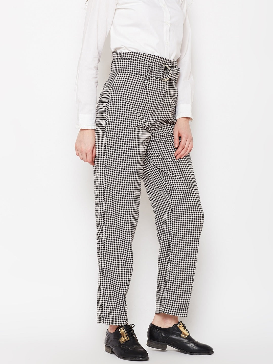 Popnetic Women Black Regular Fit Checked Parallel Trousers