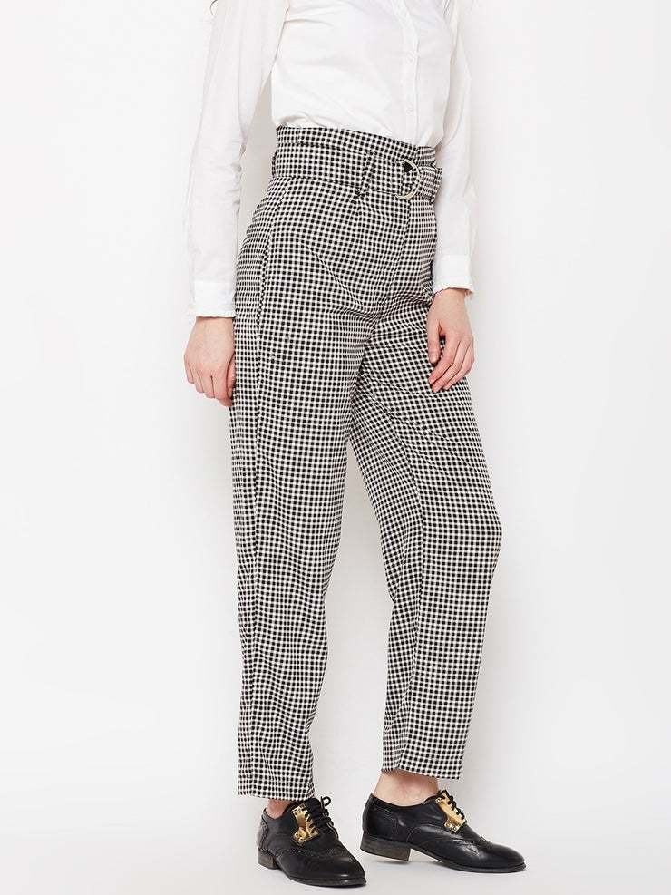 Popnetic Women Black Regular Fit Checked Parallel Trousers