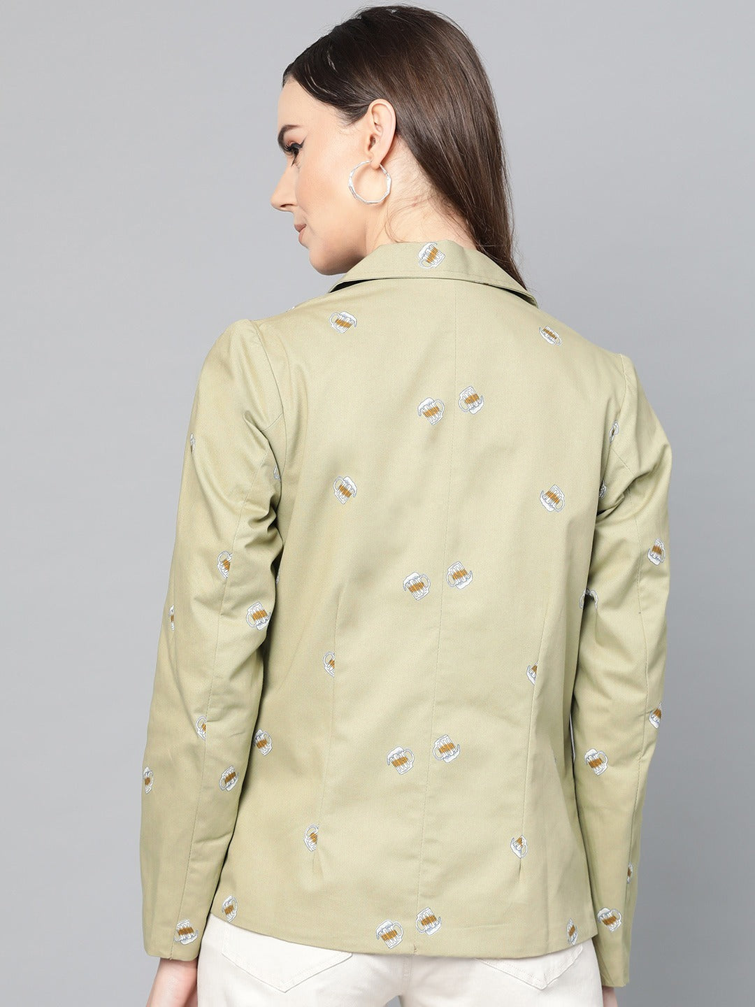 Popnetic Women Olive Green & Off-White Printed Single Breasted Casual Pure Cotton Blazer