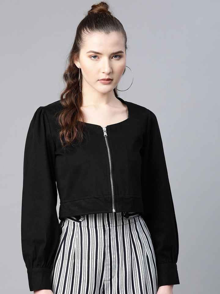 Popnetic Women Black Solid Pure Cotton Bolero Jacket