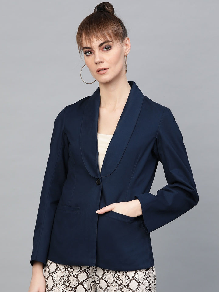 Popnetic Women Navy Blue Solid Casual Pure Cotton Blazer