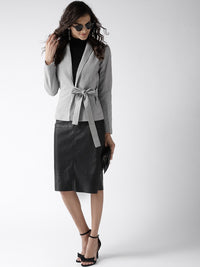 Popnetic Women Grey & White Printed Casual Pure Cotton Blazer