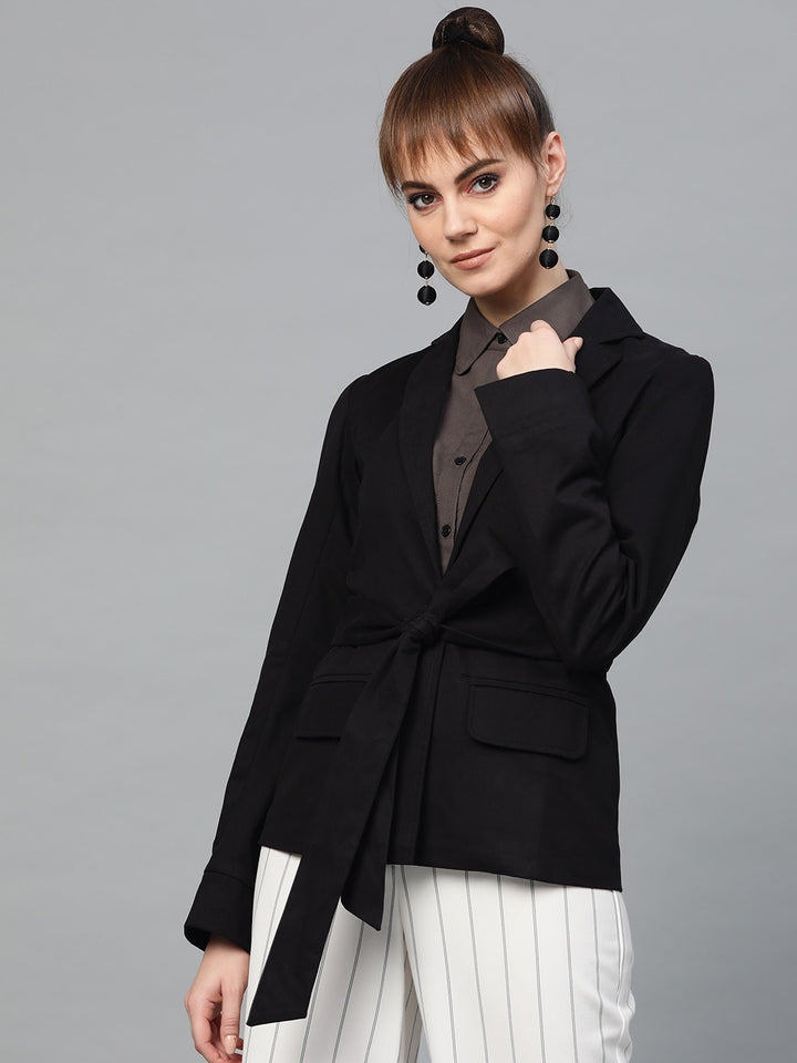 Popnetic Women Black Solid Casual Pure Cotton Blazer