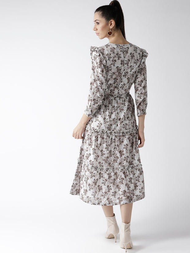 Popnetic Women White & Brown Printed A-Line Dress