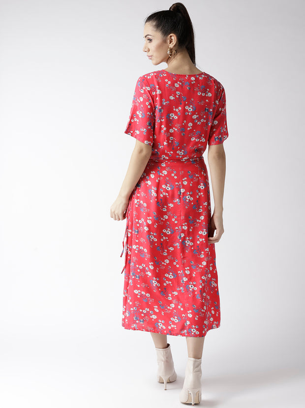 Popnetic Women Pink & Blue Floral Print Wrap Dress