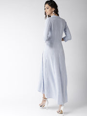 Popnetic Women White & Blue Striped Maxi Dress
