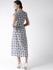Popnetic Women White & Blue Printed A-Line Dress