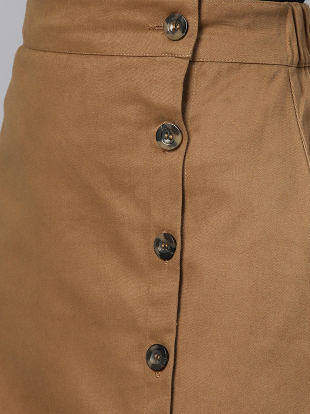 Popnetic Women Brown Solid Straight Pure Cotton Skirt