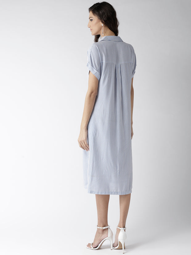 Popnetic Women White & Blue Striped Shirt Dress