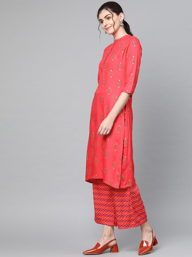 Popnetic Women Coral Red & Navy Blue Block Printed Kurta with Palazzos