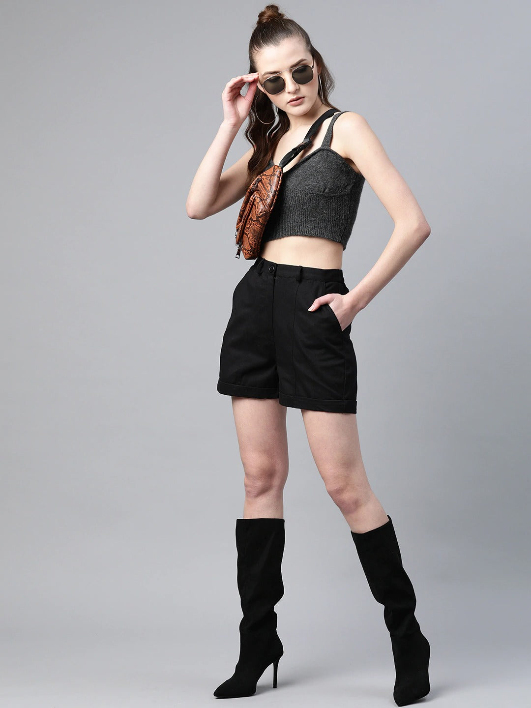 Popnetic Women Black Solid Pure Cotton Regular Shorts