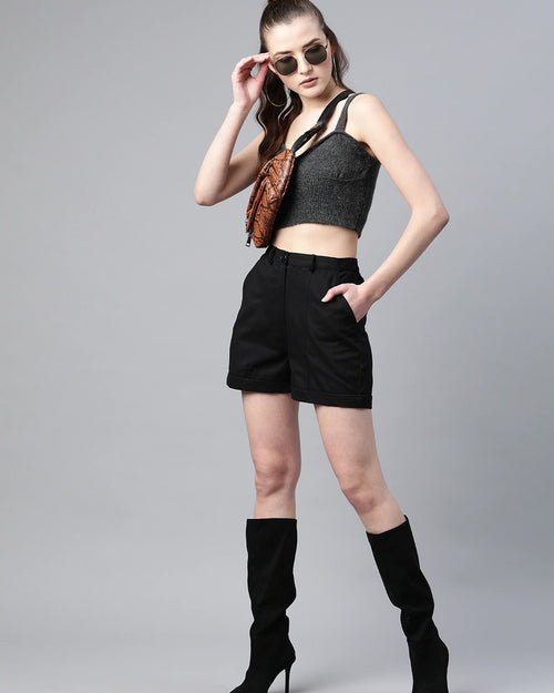 Popnetic Women Black Solid Pure Cotton Regular Shorts