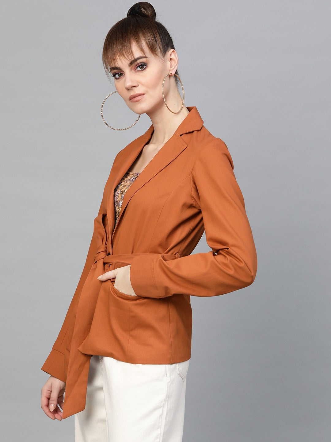 Popnetic Women Rust Orange Solid Casual Pure Cotton Blazer