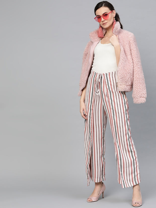 Popnetic Women White & Pink Loose Fit Striped Layered Parallel Trousers
