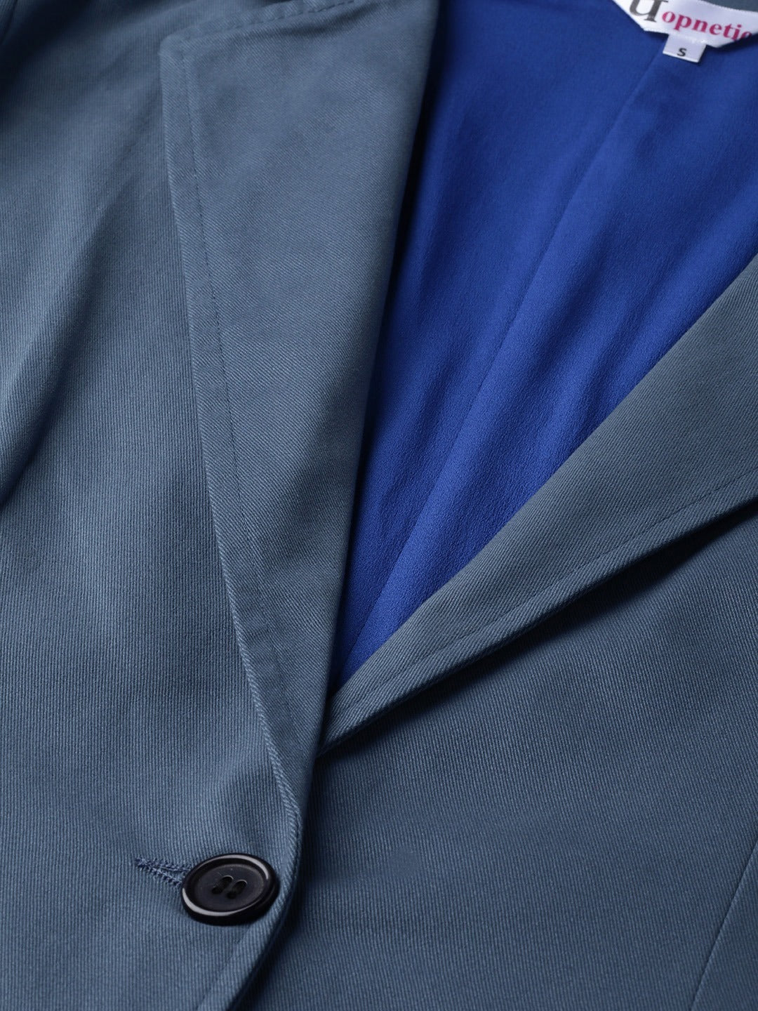 Popnetic Women Blue Solid Casual Pure Cotton Blazer